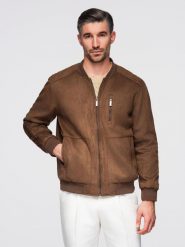 Kurtka bomberka męska z imitacji zamszu - brązowa V1 - Rozmiar: S. Brązowe kurtki męskie Ombre Clothing, l, z aplikacjami, z materiału, wizytowe, bez ramiączek, bez kaptura. Za 399.99 zł.