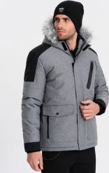 Kurtka męska Ombre Zimowa kurtka męska z regulowanym kapturem z odpinanym futerkiem - szaro-czarna V1 OM-JAHP-0144 XXL. Czarne kurtki męskie Ombre, na zimę, m, bez wzorów, bez ramiączek. Za 199.99 zł.