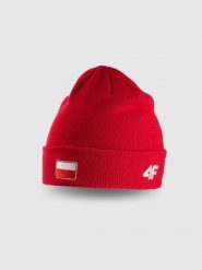 4F Czapka beanie uniseks - czerwona Uniwersalny. Czerwone czapki męskie 4f, na zimę, bez wzorów, z dzianiny, klasyczne. Za 49.99 zł.