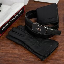 Zestaw prezentowy męski skórzany pasek portfel pudełko premium Beltimore Z48. Czarne portfele męskie bez wzorów. Za 139.99 zł.