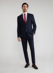 Granatowe spodnie garniturowe P22SF-6G-013-G-S. Eleganckie spodnie męskie Pako Lorente, bez wzorów, z elastanu, eleganckie. Za 149.99 zł.