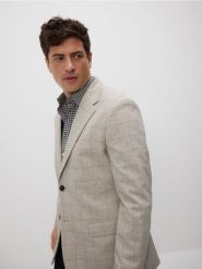 Marynarka slim fit w kratę - beżowy. Brązowe marynarki męskie Reserved, l, bez wzorów, z elastanu. Za 359.99 zł.