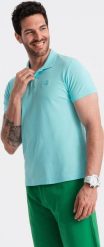 Ombre Męska koszulka polo jednokolorowa BASIC z dzianiny pique - miętowa V18 OM-POBS-0100 L. Zielone koszulki polo męskie Ombre, l, bez wzorów, z dzianiny, bez kołnierzyka, bez ramiączek. Za 79.99 zł.