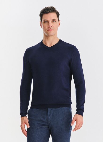 PAKO LORENTE - ranatowy sweter męski v-neck. Niebieskie swetry męskie Pako Lorente, bez wzorów, z nylonu, bez kołnierzyka, bez ramiączek. Za 99.99 zł.