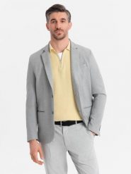 Marynarka męska elegancka z dekoracyjnymi guzikami na mankietach - szara V2 - Rozmiar: L. Szare marynarki męskie Ombre Clothing, l, bez wzorów, z poliesteru. W wyprzedaży za 149.99 zł.