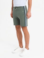 Męskie dresowe szorty z lampasami i ściągaczem w pasie oliwkowe V2 OM-SRSK-0156 XXL. Zielone szorty sportowe męskie Ombre, bez wzorów, z dresówki, sportowe. Za 408.47 zł.