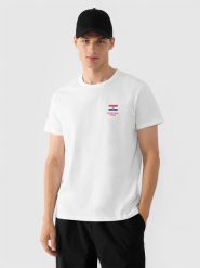 4F Koszulka kibica męska - biała M. Białe t-shirty męskie 4f, m, bez wzorów, z bawełny, bez kołnierzyka, bez ramiączek. Za 79.99 zł.
