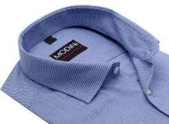 Granatowa koszula męska Modini w mikrowzór - 100% bawełna z termoregulacją DD8. Niebieskie koszule męskie Modini Moda Męska, m, bez wzorów, z bawełny, bez kołnierzyka, bez ramiączek. W wyprzedaży za 189.00 zł.