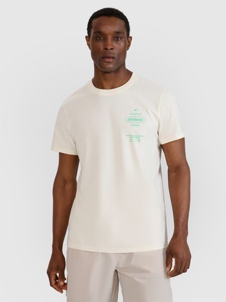 4F T-shirt regular z nadrukiem męski - biały S. Białe t-shirty męskie 4f, m, bez wzorów, z bawełny, bez kołnierzyka, bez ramiączek. W wyprzedaży za 39.99 zł.