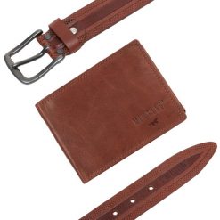 ZESTAW PREZENTOWY MUSTANG - SKÓRZANY PORTFEL I PASEK MĘSKI BROWN. Brązowe portfele męskie Mustang, bez wzorów, ze skóry. Za 199.99 zł.