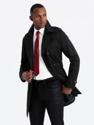 Elegancki płaszcz męski trencz SLIM FIT z paskiem – czarny V2 OM-COSC-0126 - XXL. Czarne płaszcze męskie Ombre Clothing, l, bez wzorów, z materiału, eleganckie, bez kaptura. Za 251.99 zł.