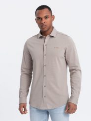 Męska bawełniana koszula REGULAR z dzianiny single jersey - popielata V5. Szare koszule męskie Ombre Clothing, m, bez wzorów, z bawełny, bez kołnierzyka, bez ramiączek. W wyprzedaży za 79.99 zł.