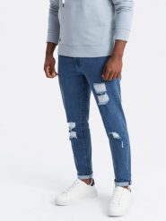 Washowane spodnie męskie jeansowe TAPERED FIT z przetarciami niebieskie V2 OM-PADP-0163 XXL. Niebieskie długie spodnie sportowe męskie Ombre, bez wzorów, z jeansu. Za 287.44 zł.