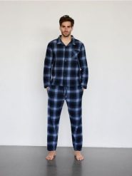 Dwuczęściowa piżama w kratę - niebieski. Niebieskie piżamy męskie Reserved, l, bez wzorów, z bawełny, bez kołnierzyka, bez ramiączek. W wyprzedaży za 119.99 zł.