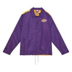 Kurtka wodoodporna Los Angeles Lakers Big Face 5.0. Fioletowe kurtki męskie Mitchell & Ness, m, bez wzorów, bez ramiączek, bez kaptura. Za 564.50 zł.
