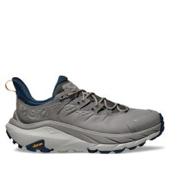 Trekkingi Hoka. Szare buty trekkingowe męskie HOKA, bez wzorów, z gore-texu, sportowe, bez obcasa, bez zapięcia. Za 749.99 zł.