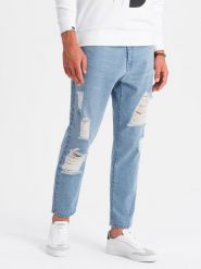 Męskie spodnie jeansowe TAPERED FIT z dziurami jasnoniebieskie V1 OM-PADP-0175 XXL. Niebieskie długie spodnie sportowe męskie Ombre, bez wzorów, z jeansu. Za 285.94 zł.