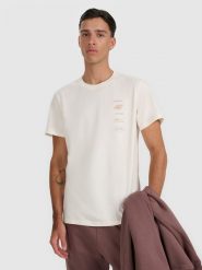 4F T-shirt regular z nadrukiem męski - beżowy XXL. Brązowe t-shirty męskie 4f, m, bez wzorów, z bawełny, bez kołnierzyka, bez ramiączek. Za 59.99 zł.