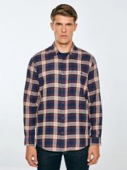 Koszula męska flanelowa w kratę granatowa Flaneno 403. Niebieskie koszule męskie Big Star, l, bez wzorów, z tkaniny, bez kołnierzyka, bez ramiączek. Za 229.99 zł.