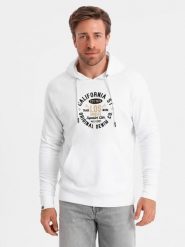 Męska bluza z nadrukiem kangurka - biała V1 - Rozmiar: S. Białe bluzy nierozpinane męskie Ombre Clothing, m, bez wzorów, z bawełny, bez ramiączek, z kapturem. W wyprzedaży za 59.99 zł.