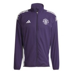 Kurtka dresowa Prematch Manchester United 2025/26. Białe kurtki treningowe męskie ADIDAS, bez wzorów, z dresówki, bez kaptura, do piłki nożnej. W wyprzedaży za 305.50 zł.