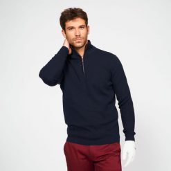 Sweter do golfa męski MW500 z półgolfem. Niebieskie swetry męskie INESIS, bez wzorów, z bawełny, eleganckie, bez kołnierzyka, bez ramiączek. Za 159.99 zł.