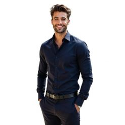 Elastyczna granatowa gładka koszula męska Y91. Koszule męskie Modini Moda Męska, m, bez wzorów, z bawełny, bez kołnierzyka, bez ramiączek. W wyprzedaży za 179.10 zł.