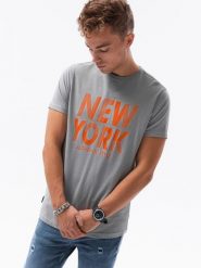 T-shirt męski z nadrukiem - szary V-24A - Rozmiar: S. Szare t-shirty męskie Ombre Clothing, m, bez wzorów, z bawełny, bez kołnierzyka, bez ramiączek. W wyprzedaży za 29.99 zł.