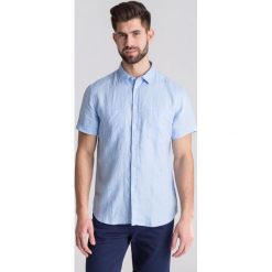 Niebieska lniana koszula męska z krótkim rękawem - Niebieski. Koszule męskie TRUSSARDI JEANS. Za 187.60 zł.