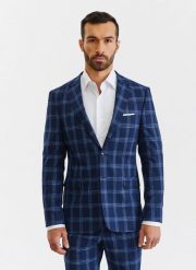 PAKO LORENTE – Granatowa marynarka garniturowa w niebieską kratę. Niebieskie marynarki męskie Pako Lorente, m, bez wzorów, z elastanu. Za 399.99 zł.