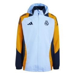 Kurtka dresowa zewnętrzna Real Madrid 2024/25. Niebieskie kurtki męskie ADIDAS, bez wzorów, z dresówki, sportowe, bez ramiączek, bez kaptura. W wyprzedaży za 345.50 zł.