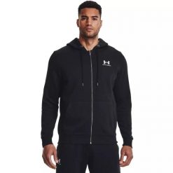 Bluza fitness męska Under Armour Essential Fleece Full Zip Hood. Czarne bluzy nierozpinane męskie Under Armour, m, bez wzorów, sportowe, bez ramiączek, bez kaptura. Za 329.99 zł.