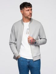 Męska bluza bomberka z dzianiny pique – szara V4 - Rozmiar: S. Szare kurtki męskie Ombre Clothing, m, bez wzorów, z bawełny, eleganckie, bez ramiączek, bez kaptura. W wyprzedaży za 164.99 zł.