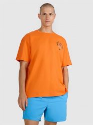 4F T-shirt oversize z nadrukiem męski - pomarańczowy L. Brązowe t-shirty męskie 4f, l, bez wzorów, z bawełny, bez kołnierzyka, bez ramiączek. W wyprzedaży za 49.99 zł.