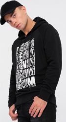 Ombre Męska bluza kangurka nierozpinana z kapturem i nadrukiem - czarna V1 OM-SSPS-0158 L. Czarne bluzy nierozpinane męskie Ombre, l, bez wzorów, bez ramiączek, z kapturem. Za 49.99 zł.