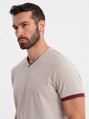 T-shirt męski z kontrastowymi wstawkami i dekoltem w serek – beżowy V2 OM-TSCT-0198 - XXL. Brązowe t-shirty męskie Ombre Clothing, l, bez wzorów, z dzianiny, bez kołnierzyka, bez ramiączek. Za 77.99 zł.