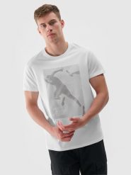 4F T-shirt z nadrukiem regular męski - biały M. Białe t-shirty męskie 4f, m, bez wzorów, z bawełny, bez kołnierzyka, bez ramiączek. W wyprzedaży za 39.99 zł.