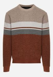 Beżowy Sweter z Wełną z Eleganckim Kołnierzykiem Koszulowym Espalea. Brązowe swetry męskie Born2be, z aplikacjami, z dzianiny, biznesowe, bez kołnierzyka, bez ramiączek. Za 89.99 zł.