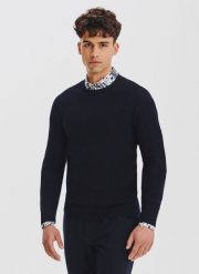 PAKO LORENTE - Granatowy sweter męski o-neck. Niebieskie swetry męskie Pako Lorente, bez wzorów, z bawełny, bez kołnierzyka, bez ramiączek. Za 199.99 zł.