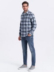 Flanelowa koszula męska w kratę - niebiesko-szara V1 - Rozmiar: S. Szare koszule męskie Ombre Clothing, l, bez wzorów, z bawełny, bez kołnierzyka, bez ramiączek. W wyprzedaży za 79.99 zł.