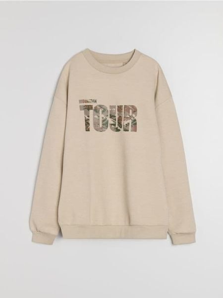 Bluza crewneck z napisem - beżowy. Brązowe bluzy nierozpinane męskie Sinsay, l, bez wzorów, bez ramiączek, bez kaptura. Za 39.99 zł.