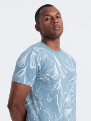 Męski t-shirt fullprint w kontrastowe liście - błękitny V2 - Rozmiar: S. Niebieskie t-shirty męskie Ombre Clothing, m, bez wzorów, z bawełny, bez kołnierzyka, bez ramiączek. W wyprzedaży za 24.99 zł.