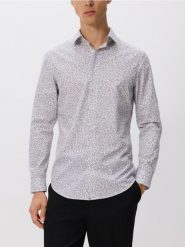 Koszula slim fit w drobny wzór - brązowy. Brązowe koszule męskie Reserved, l, bez wzorów, z bawełny, bez kołnierzyka, bez ramiączek. W wyprzedaży za 69.99 zł.