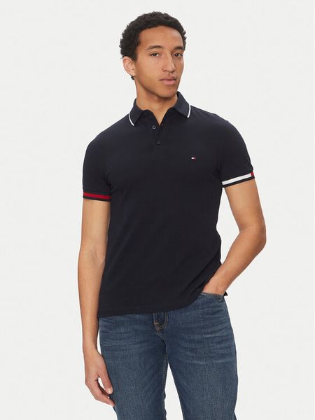 Tommy Hilfiger Polo Flag Cuff MW0MW38458 Granatowy Slim Fit. Niebieskie koszulki polo męskie Tommy Hilfiger, m, bez wzorów, z bawełny, bez kołnierzyka, bez ramiączek. Za 239.99 zł.