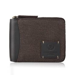 Portfel męski brązowy zapinany na zamek skóra naturalna i bawełniany canvas Paolo Peruzzi AY-07-BR. Brązowe portfele męskie bez wzorów, z bawełny. Za 69.00 zł.