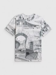 4F T-shirt regular z nadrukiem męski - czarno-biały S. Białe t-shirty męskie 4f, m, bez wzorów, z materiału, bez kołnierzyka, bez ramiączek. Za 99.99 zł.