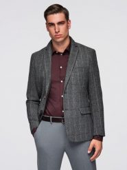 Elegancka męska marynarka w kratkę z domieszką wełny – szara V1 - Rozmiar: M. Szare marynarki męskie Ombre Clothing, m, bez wzorów, z materiału. W wyprzedaży za 314.99 zł.
