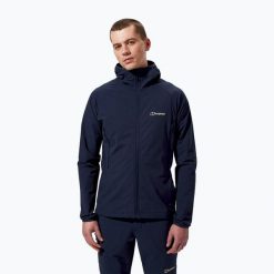 Kurtka softshell męska Berghaus Skelbo. Niebieskie kurtki męskie Berghaus, m, bez wzorów, z softshellu, sportowe, bez ramiączek, bez kaptura. Za 429.99 zł.