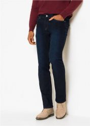 Dżinsy regular fit z wielokierunkową elastycznością, ze ściągaczem w pasie, prosty krój. Niebieskie jeansy męskie bonprix, bez wzorów, z jeansu. Za 149.99 zł.