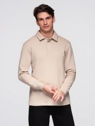 Bluza męska z kołnierzykiem polo ze strukturalnej dzianiny - beżowa V2 - Rozmiar: XL. Brązowe bluzy rozpinane męskie Ombre Clothing, m, bez wzorów, z bawełny, bez ramiączek, bez kaptura. W wyprzedaży za 59.99 zł.